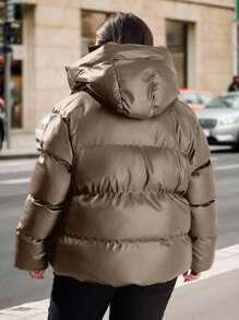 EURMUSE Plus Solid Zip Up Hooded Padded Coat - Beige - View 2