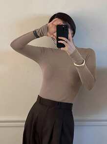 DAZY 女式纯色长袖休闲套头高领T恤，秋冬 - 摩卡棕 - 查看 7