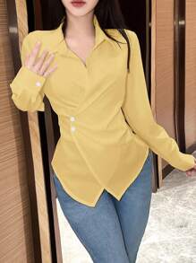 EMERY ROSE 女士纯色长袖裹身衬衫，春秋季女式休闲衬衫，适合春季、秋季、大学校园穿着 - 黃色 - 查看 4