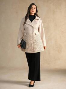 Flouryn Plus Size Women Elegant Commuter Lapel Patchwork Jacquard Fabric Overcoat - Khaki - View 5