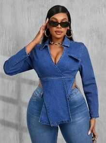 Slaydiva Tops de Denim Plus Size para Mulheres, Jaqueta Elástica Apertada e Sexy, Casaco Azul para Festa de Halloween, Fantasias de Halloween de Outono para Mulheres, Top Azul de Manga Longa - Lavagem escura - Visão 1