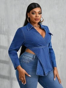 Slaydiva Tops de Denim Plus Size para Mulheres, Jaqueta Elástica Apertada e Sexy, Casaco Azul para Festa de Halloween, Fantasias de Halloween de Outono para Mulheres, Top Azul de Manga Longa - Lavagem escura - Visão 3