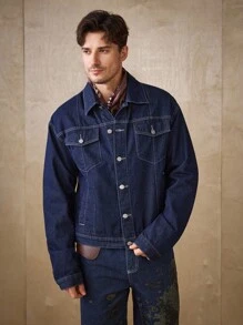 Manfinity Homme Men's Casual Loose Fit Embroidered Blue Denim Jacket, Street Style, Fall - Dark Wash - View 5