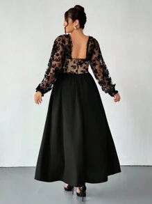 Firerie Plus Size Black Autumn Elegant Women's Mesh & Flocked Colorblock Fishbone Bust Flared Hem Stretchy Long Sleeve Maxi Dress For Spring/Autumn - Black - View 2