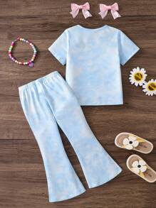 SHEIN 2pcs Young Girls Cute Pattern Top And Flare Pants Set, Vibrant Tie-Dye Fabric, Casual Everyday Wear - Blue - View 2