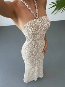 Aloruh Váy thun chấm bi buộc lưng không dây sequin phong cách cổ điển mới, trang phục mặc đi nghỉ dưỡng - Màu Khaki - Xem 6