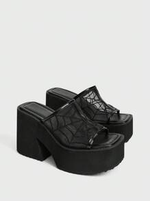 Sugerpunk Women's Fashion Lightweight Square Toe Thick Bottom Wedge Slippers Punk Style Mesh Embroidery Thick High Heel Open Toe Slip-On Sandals, Comfortable Breathable Casual Party Wear For Christmas - Black - View 2