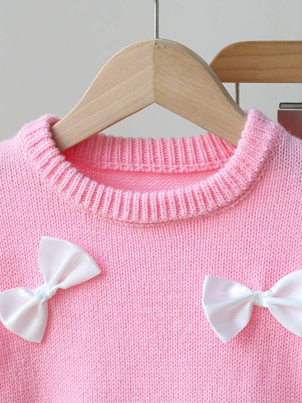 SHEIN Conjunto de 2 piezas para niña joven, rosa pastel, estilo hada de otoño, suéter elegante de manga larga con lazo y flor & pantalones de punto micro acampanados