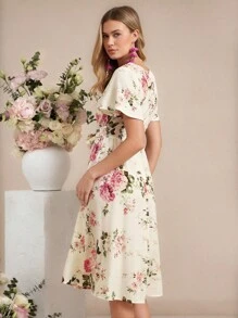 Amorya 浪漫碎花夏季休闲优雅粉色连衣裙，女士外出、度假、下午茶、上学穿搭、夏季连衣裙、婚礼宾客礼服、度假装、粉色连衣裙、生日装、女士连衣裙