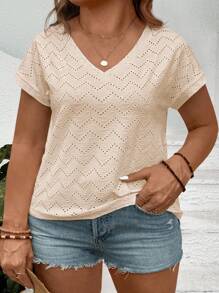 EMERY ROSE T-shirt ample à manches courtes, col V, texturé jacquard, best-seller, grande taille pour femmes