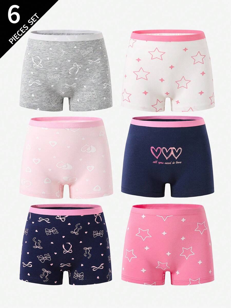 6 piezas de calzoncillos tipo bóxer de algodón con estampado de leopardo, corazón, lazo y estrella para niñas preadolescentes, moda de regreso a la escuela - Multicolor - Ver 1