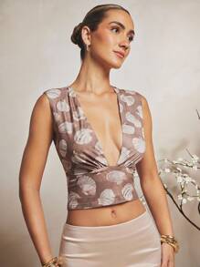 L'Amorae 贝壳印花网眼无袖低领夏季度假短款上衣，夏季 - 棕色 - 查看 3