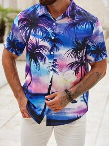 Manfinity Dauomo Men's Palm Tree Printed Short Sleeve Shirt - Purple - View 1