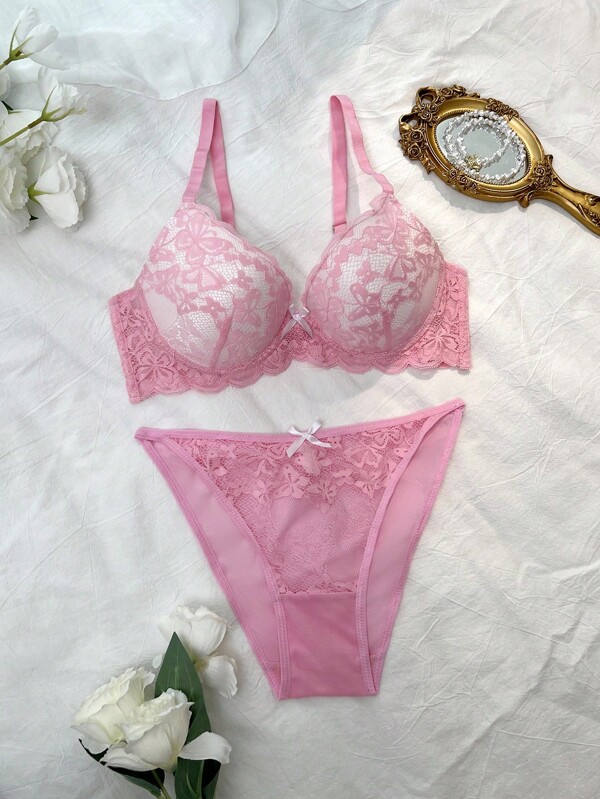 DelicateAllure 2pcs Set Padded Bra With Steel Rings, 3/4 Cup, Lift & Enhance Bust, Pink Butterfly Lace Sheer Cute & Sweet Women Lingerie Set