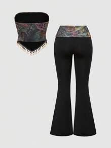 ROMWE Bộ trang phục lễ hội âm nhạc phương Tây phong cách Hippie cổ điển tua rua hạt gỗ họa tiết Paisley dành cho nữ - Nhiều màu - Xem 2