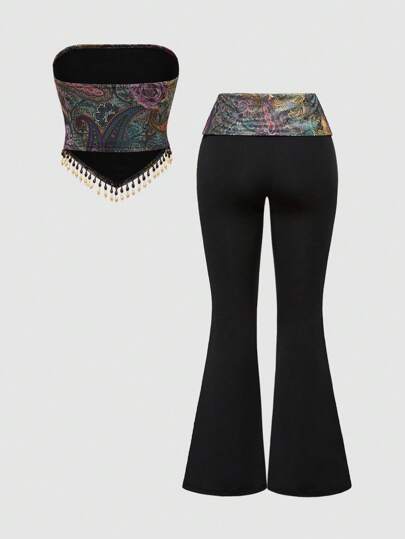 Hippie Conjunto bohemio de mujer con estampado de paisley, flecos con cuentas de madera y estilo retro hippie del festival de música western