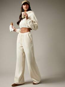 MISSGUIDED Bộ quần ống rộng áo hoodie lửng thanh lịch, hoàn hảo cho bữa ăn trưa cuối tuần, trang phục dạo phố thoải mái, ấm áp cho mùa thu đông xuân, phối hợp - Màu be - Xem 1