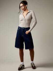 MISSGUIDED Body de punto acanalado a rayas con cuello, abotonado al frente, de manga larga y ajuste ceñido, para usar como capa básica en otoño e invierno, apto para uso profesional, casual y de oficina - Multicolor - Ver 5