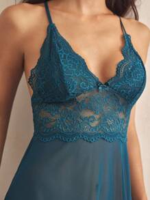 Charlaine 女士纯色细肩带蕾丝对比透视睡袍 - 水鴨藍 - 查看 5