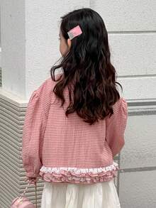 Dazy Kids Young Girl Casual Everyday Plaid Ruffle Front Button Jacket - Pink - View 5