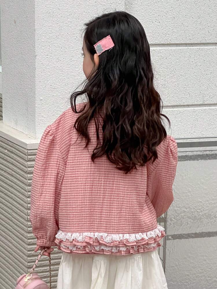 Dazy Kids Young Girl Casual Everyday Plaid Ruffle Front Button Jacket - Pink - View 5