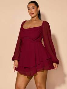 SHEIN BAE Plus Size Women's Early Spring/Fall Long Sleeve Daily/Holiday/Party Plunging Neck Draped Slit Black Solid A-Line Satin Sexy Mini Jumpsuit For Vacation/ Plus Size Wine Dress/ Long Sleeve Elegant Dress/ Plus Size Romper Dress,Fall Clothes For Women,Valentine's Day,Valentine Outfits For Women