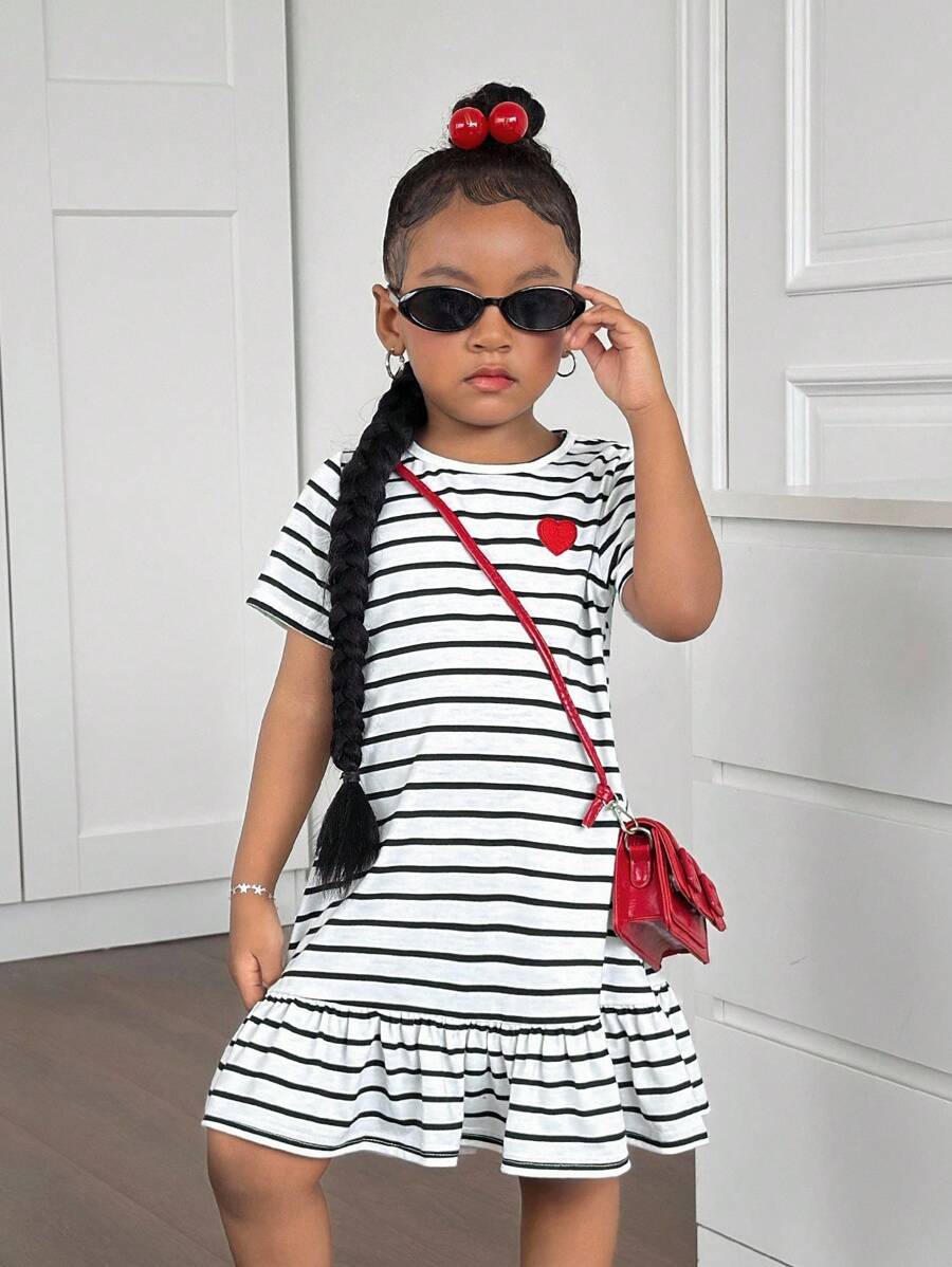 SHEIN Young Girl Knitted Stripe Heart Pattern Crew Neck Dress - Black and White - View 1