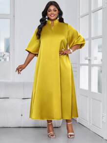 SHEIN Lady Spring And Summer Elegant Modest Party Wedding Cocktail Party Concert/Music Festival Gold Woven Satin Stand Collar Ball Gown Frill A Line Dress - Yellow - View 5