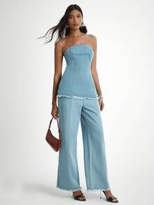 Daynim 女士休闲度假磨边牛仔抹胸 - 淺色水洗藍 - 查看 4