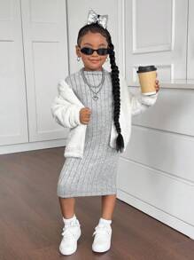 SHEIN Váy dài tay ôm dáng tối giản màu xám dễ thương cho bé gái, mùa thu/đông - Xám - Xem 5