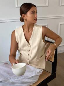 Livesso Áo khoác blazer vải lanh mùa hè không tay cổ chữ V ôm sát dành cho nữ, trang phục công sở mùa thu - trắng - Xem 5