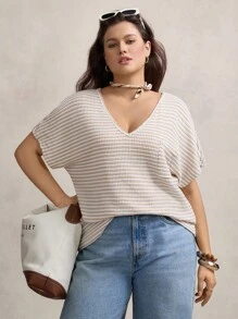 Zelara Áo thun nữ cỡ lớn kẻ sọc cổ chữ V tay cánh dơi phong cách thường ngày Boho mùa hè, Boho Old Money, dành cho nữ, phù hợp cho kỳ nghỉ xuân, lễ hội âm nhạc, nghỉ lễ mùa xuân. - Nhiều màu - Xem 3