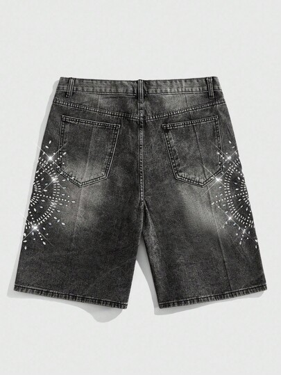 Pantalones cortos de mezclilla con aplicaciones de rhinestones para hombres, corte holgado