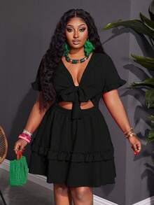 Slaydiva 大码女式休闲浪漫度假性感修身纯色紫红色短袖荷叶边胸前系带A字迷你连衣裙，梭织纹理面料 - 黑色 - 查看 9