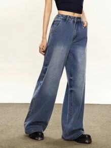 Rina Fox 女式宽松口袋阔腿休闲牛仔裤 - 深色水洗藍 - 查看 4