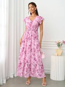 Ellevyn 女士优雅粉色印花网纱连衣裙，适合度假、下午茶、外出、约会、上学、音乐会、教师节等场合，也可作为夏季连衣裙、婚礼宾客礼服、度假装、粉色连衣裙、生日装等。 - 彩色 - 查看 6