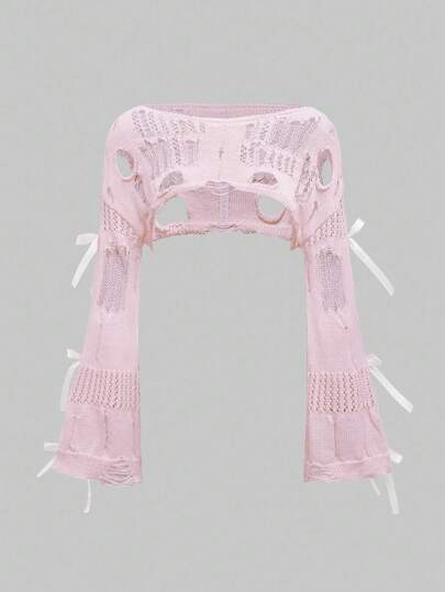 ROMWE Kawaii Cute & Soft Oversized Hollow Bowknot Asymmetric Neck Women Sweater