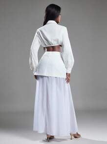 NYA SZN High Rise Flowy Chiffon Maxi Skirt White,Autumn,Seksi Chic,Vacation Mesh Wedding Guest Bridal Party Boho Festival Beach Casual Special Occasion Gyaru - White - View 4