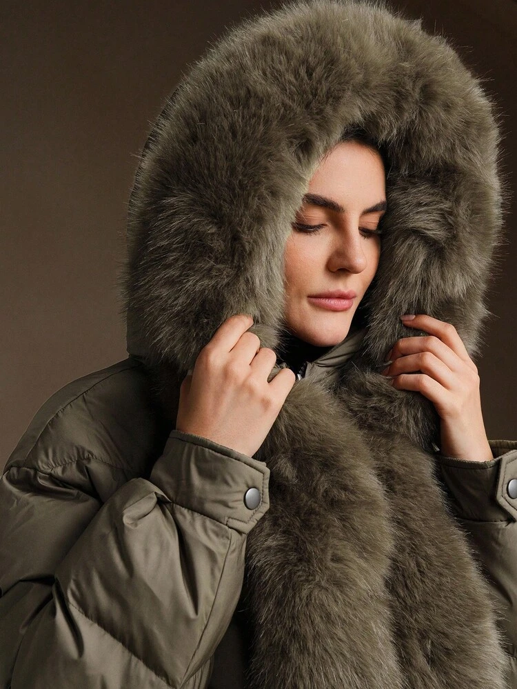 Thick Fluffy Collar Quilted Padded Coat For Women, Suitable For Autumn, Fall, Winter, Going Out, Elegant, Chic, Formal, Graduation