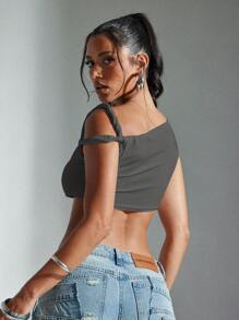 Denimoi Áo crop top cổ lệch vai xoắn - Màu xám đen - Xem 5