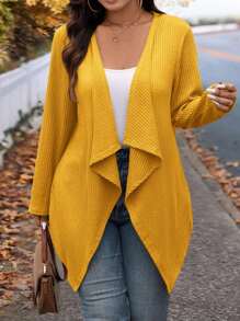 SHEIN LUNE Áo khoác len cardigan dài thiết kế cổ bất đối xứng thời trang mùa đông cỡ lớn cho đi chơi và đi làm, quần áo mùa thu cho phụ nữ mùa thu - Màu vàng - Xem 4
