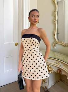 Glamine 女士优雅波尔卡圆点露肩短裙，时尚秋冬秋季女装返校可爱卡哇伊街头服饰波尔卡圆点上衣波尔卡圆点连衣裙 - 香檳色 - 查看 4