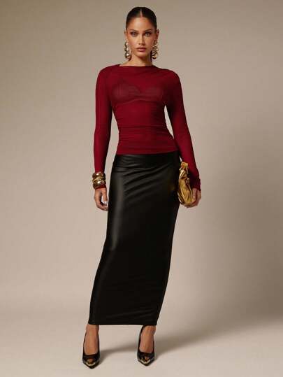 Silquee Women's Fashionable Sexy Solid Color Sheer Fitted Long Sleeve T-Shirt