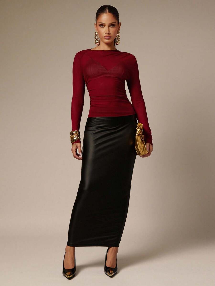 Silquee Women's Fashionable Sexy Solid Color Sheer Fitted Long Sleeve T-Shirt