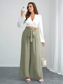 SHEIN Tall CURVE Plus Size Women Belted Printed Loose Vacation Style Wide Leg Leopard Pants Commute Minimalist Office Old Money Simple, Suitable For Autumn And Winter Plus Size Wide Leg Pants Curve Tall Pants Tall Wide Leg Pants For Women Tall Curve Women Pants