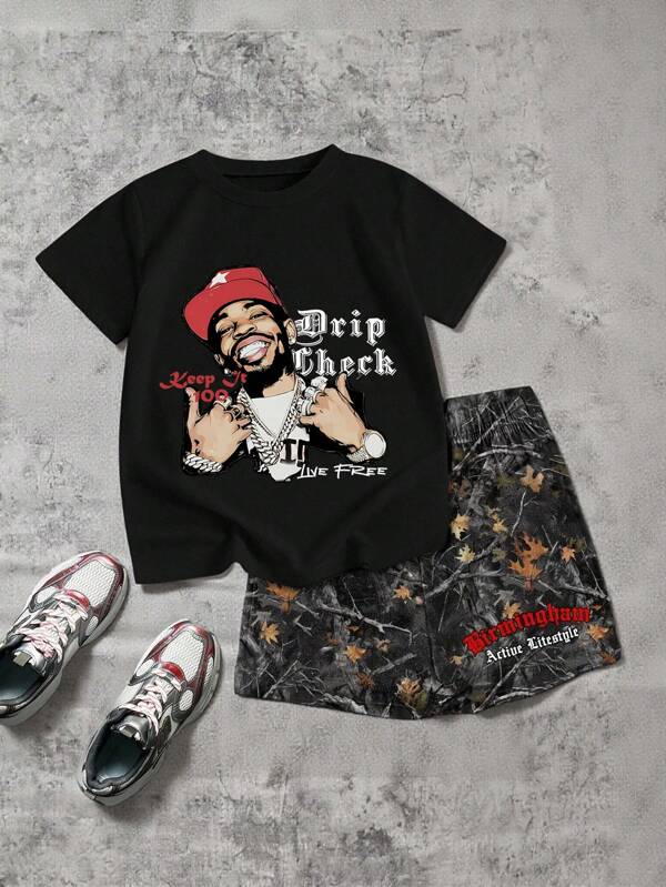 SHEIN Teen Boy 2pcs/Set Streetwear Portrait Graphic Short Sleeve T-Shirt And Shorts Set, Suitable For Daily Wear, Spring/Summer