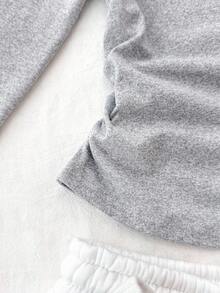 SHEIN Girlism Áo thun dài tay cổ tròn in hình bướm màu xám dành cho bé gái tuổi teen, thiết kế tối giản, nhún eo - Màu Xám nhạt - Xem 5