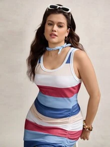 SHEIN LUNE Plus Size Women's Round Neck Drawstring Design Sleeveless Colorful Stripe High Slit Maxi Dress - Multicolor - View 6