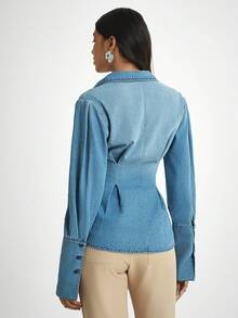Daynim Women's Casual Waist Cinched Long Sleeve Pleated Denim Shirt Blouse - Medium Wash - View 2