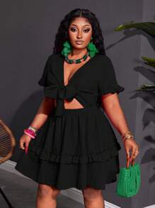 Slaydiva 大码女式休闲浪漫度假性感修身纯色紫红色短袖荷叶边胸前系带A字迷你连衣裙，梭织纹理面料 - 黑色 - 查看 6